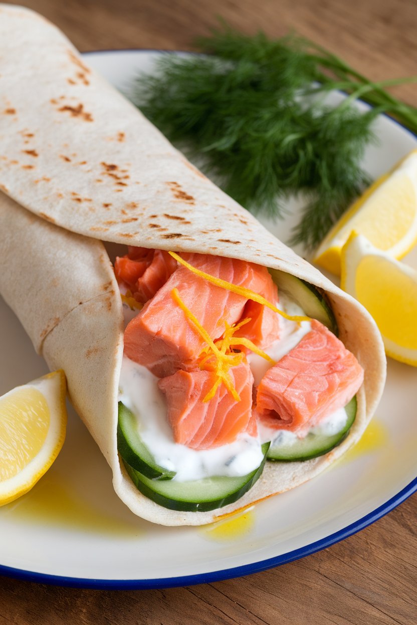 Indoor scene with a wrap stuffed with baked salmon chunks, lemon zest, dill yogurt, and cucumber slices. No text or logos.