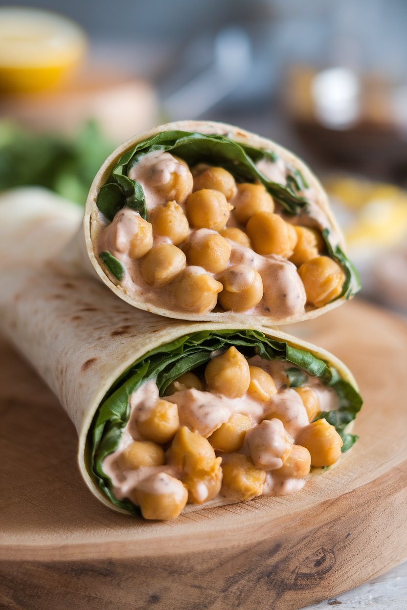 Indoor wrap cut open to show chickpeas in creamy lemon tahini sauce with greens—no text or logos.