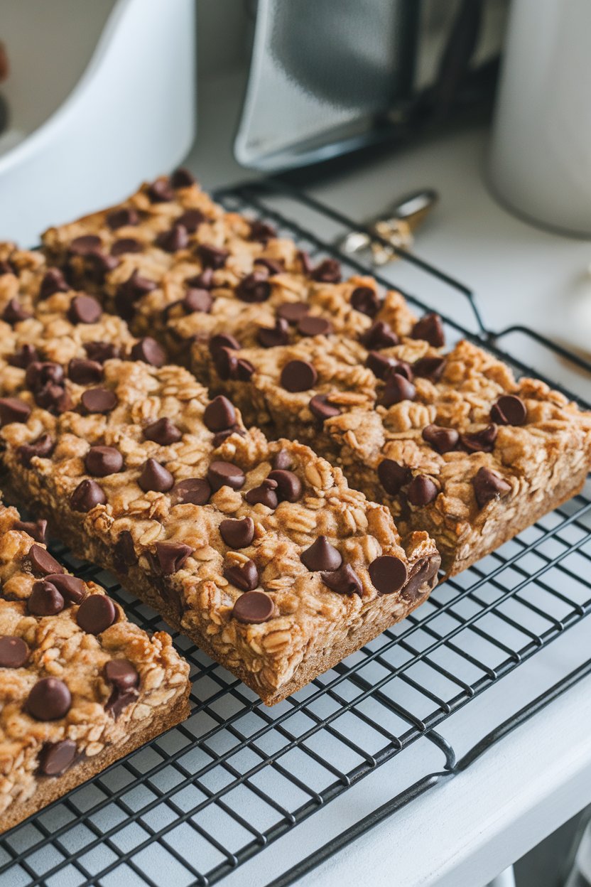 A cooling rack indoors holding rectangular oatmeal banana bars studded with chocolate chips, kitchen light overhead. No text or logos.