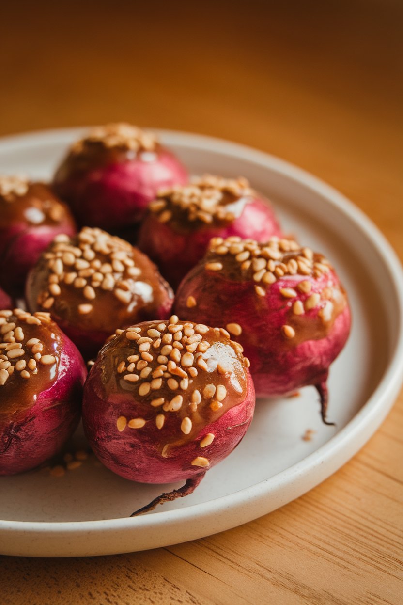 Photo prompt: Indoor plate of roasted radish halves coated in a shiny miso glaze, sprinkled with sesame seeds. No text or logos visible.
