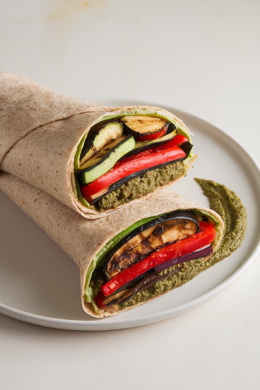 Indoor photo of a cut-open whole-grain wrap packed with grilled zucchini, red pepper, eggplant, and a smear of basil pesto, on a plate. No text or logos.