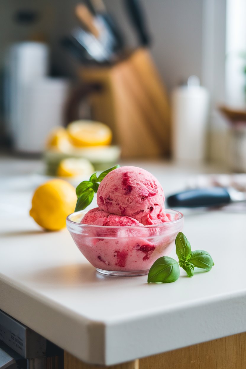 An indoor kitchen island displaying a scoop of pink strawberry basil sorbet in a small bowl, photo style, no text or logos.