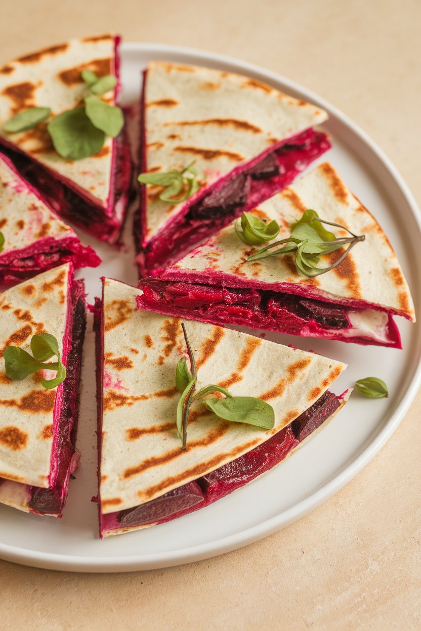 Indoor bright plate, vibrant magenta beet and goat cheese quesadilla slices, photo, no text or logos.