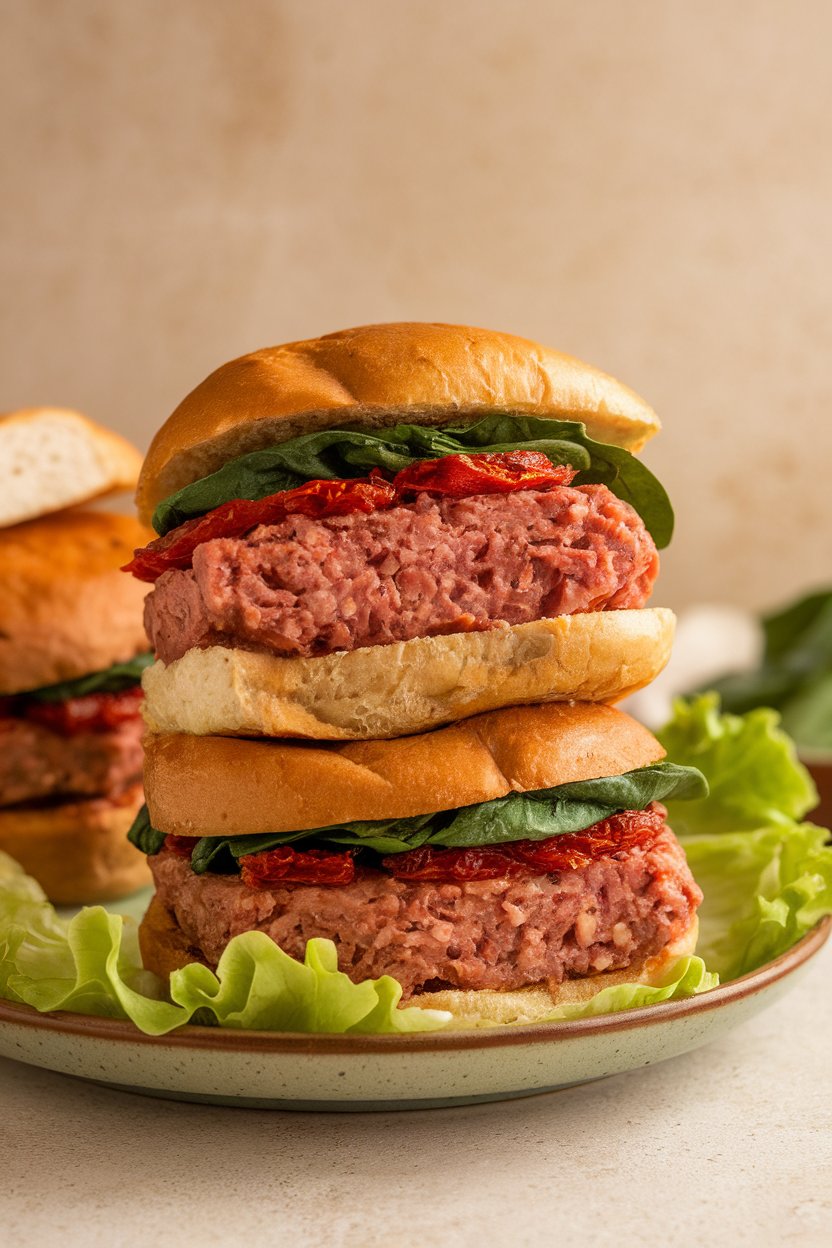 Photo of turkey burgers studded with spinach and sun-dried tomato pieces, stacked indoors on a plate with lettuce leaves. No text or logos present.