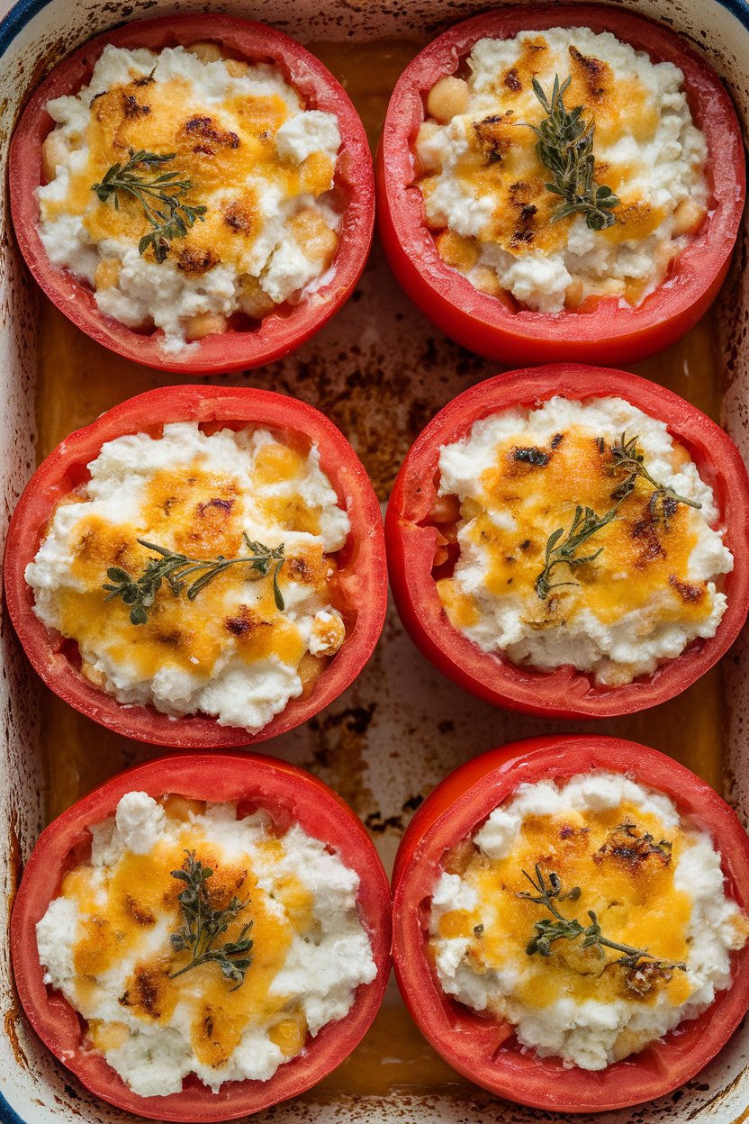 An indoor baking dish filled with large tomato halves stuffed with a cottage cheese-chickpea mixture, herbs sprinkled on top; no text or logos.