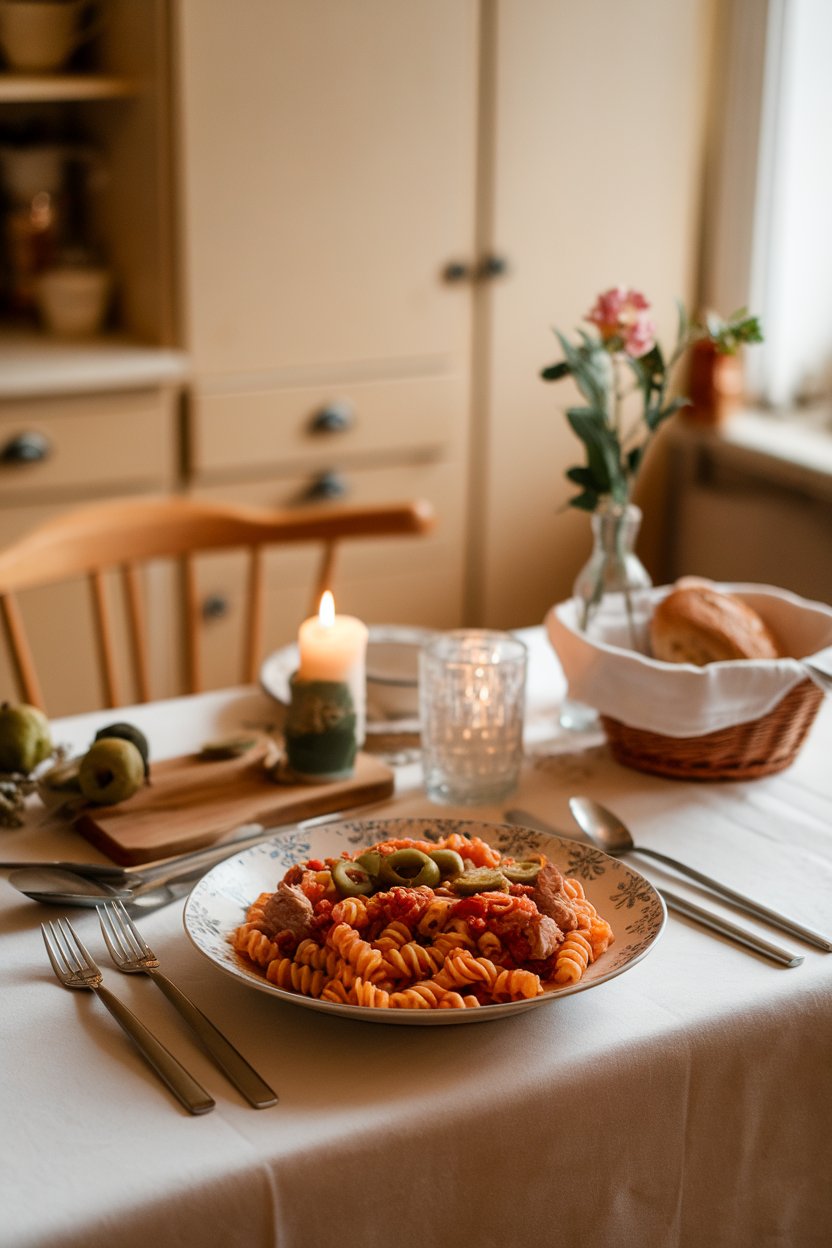Warm indoor kitchen table with a plate of fusilli tossed in tomato sauce, chunks of cooked tuna, and sliced green olives. No text or logos.