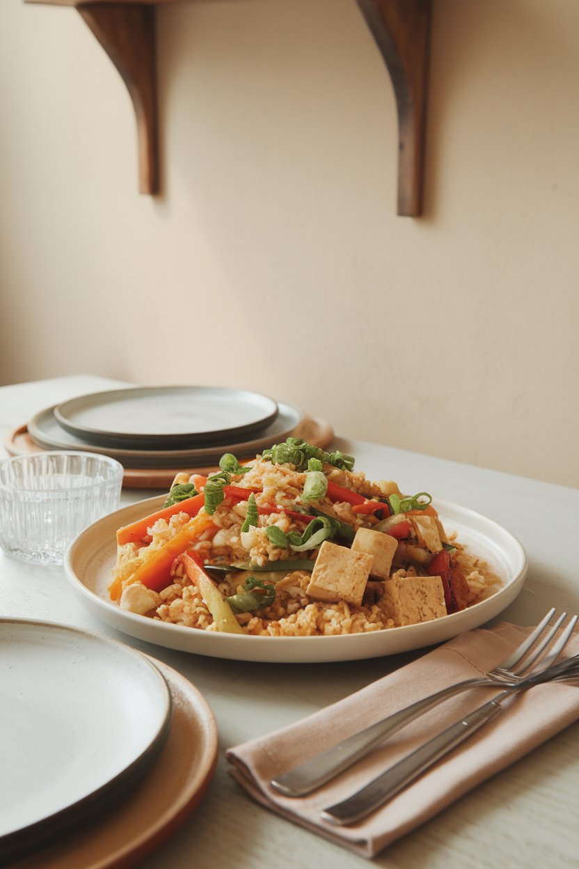 Photo of an indoor dining table with a cauliflower rice stir-fry, colorful vegetables and tofu cubes tossed in light soy-ginger sauce. No text or logos present.