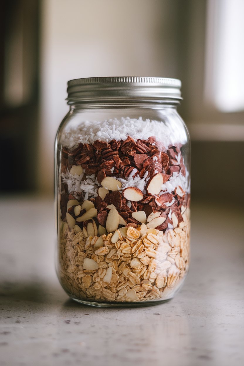 Indoor countertop photo of a jar layered with chocolate-colored oats, shredded coconut, and chopped almonds, shot from a slight side angle. No branding or text. Photo not illustration.