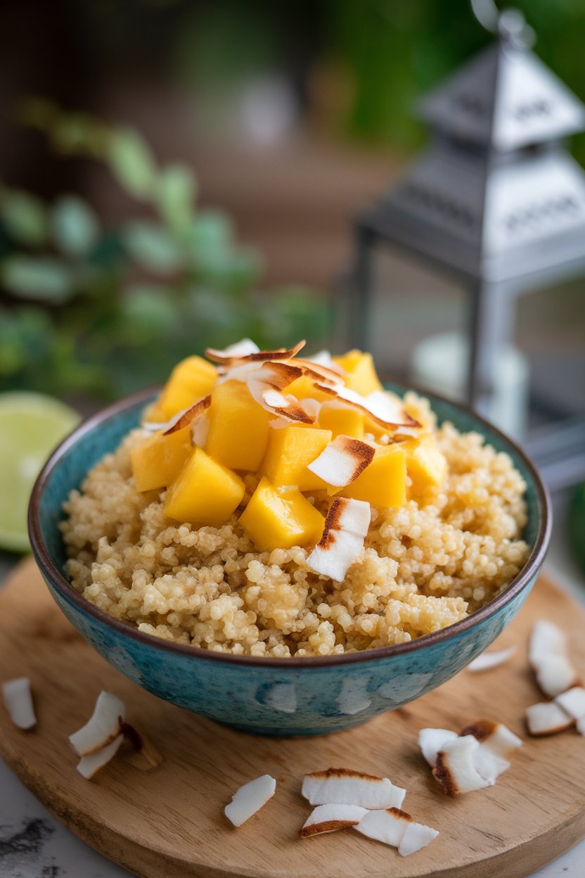 Indoor tabletop of a bowl containing fluffy quinoa scented with lime and coconut, topped with diced mango and toasted coconut flakes. No logos or text visible.