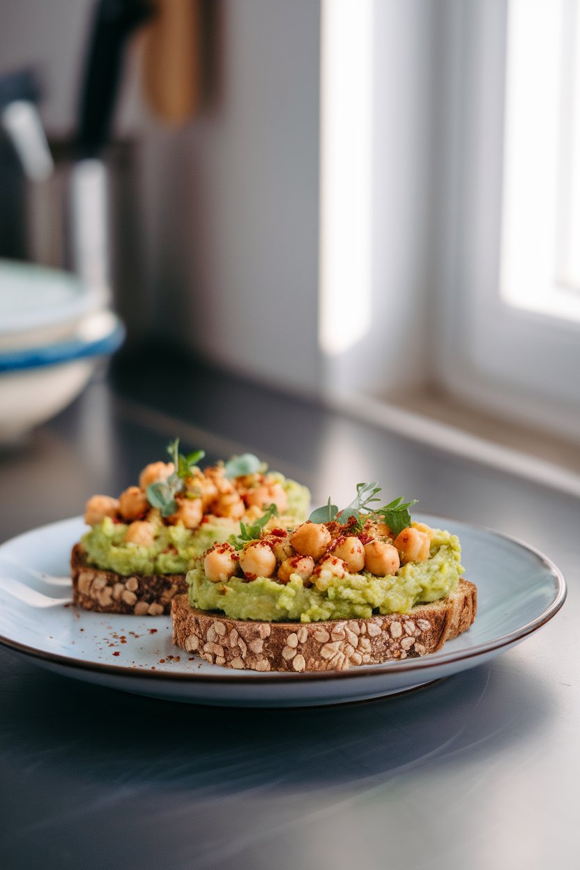 An indoor kitchen counter shot of a plate holding two slices of whole-grain toast topped with mashed avocado and chickpeas, sprinkled with chili flakes and fresh herbs. Soft morning light through a window, no text or logos anywhere.
