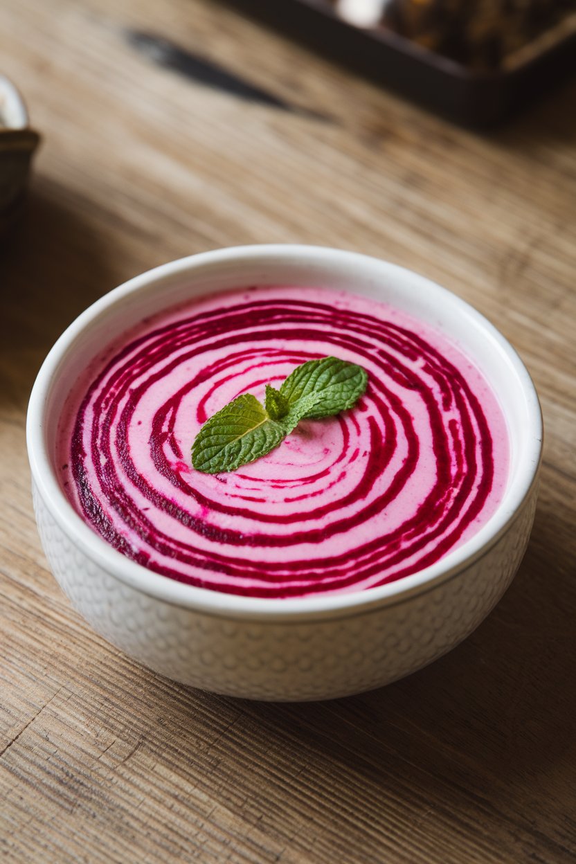 A white ceramic bowl of vivid pink beetroot raita on an indoor table, grated beet swirls visible in creamy yogurt, garnished with a mint leaf. No text or logos. Photo, not illustration.