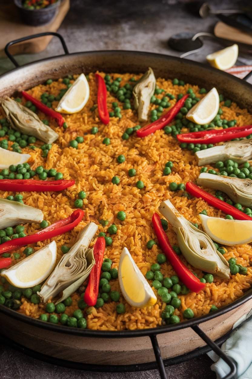Indoor paella pan loaded with saffron-tinted rice, peas, artichoke hearts, red peppers, and lemon wedges. Photo only, no text or logos.
