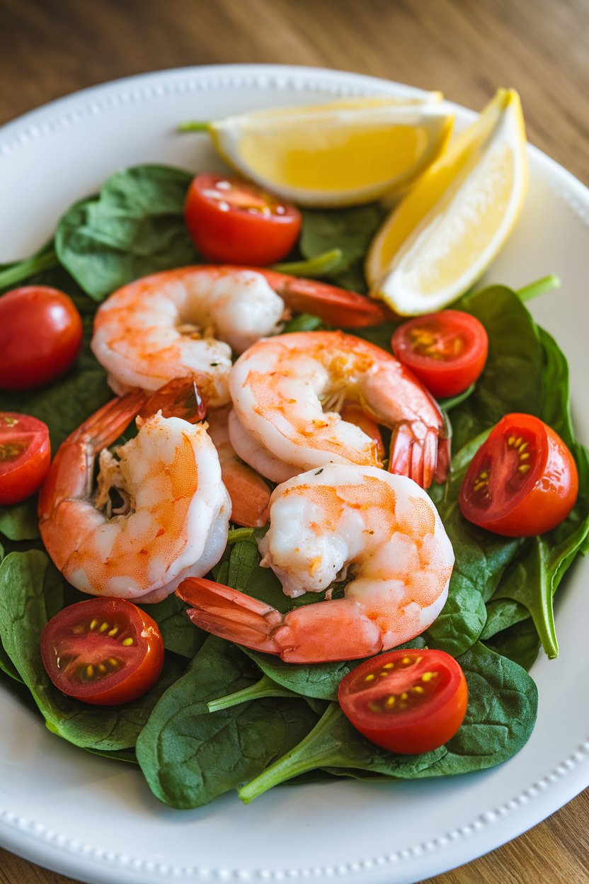 Photo of sautéed shrimp resting on baby spinach with cherry tomatoes and lemon slices, shot indoors, no text or logos.