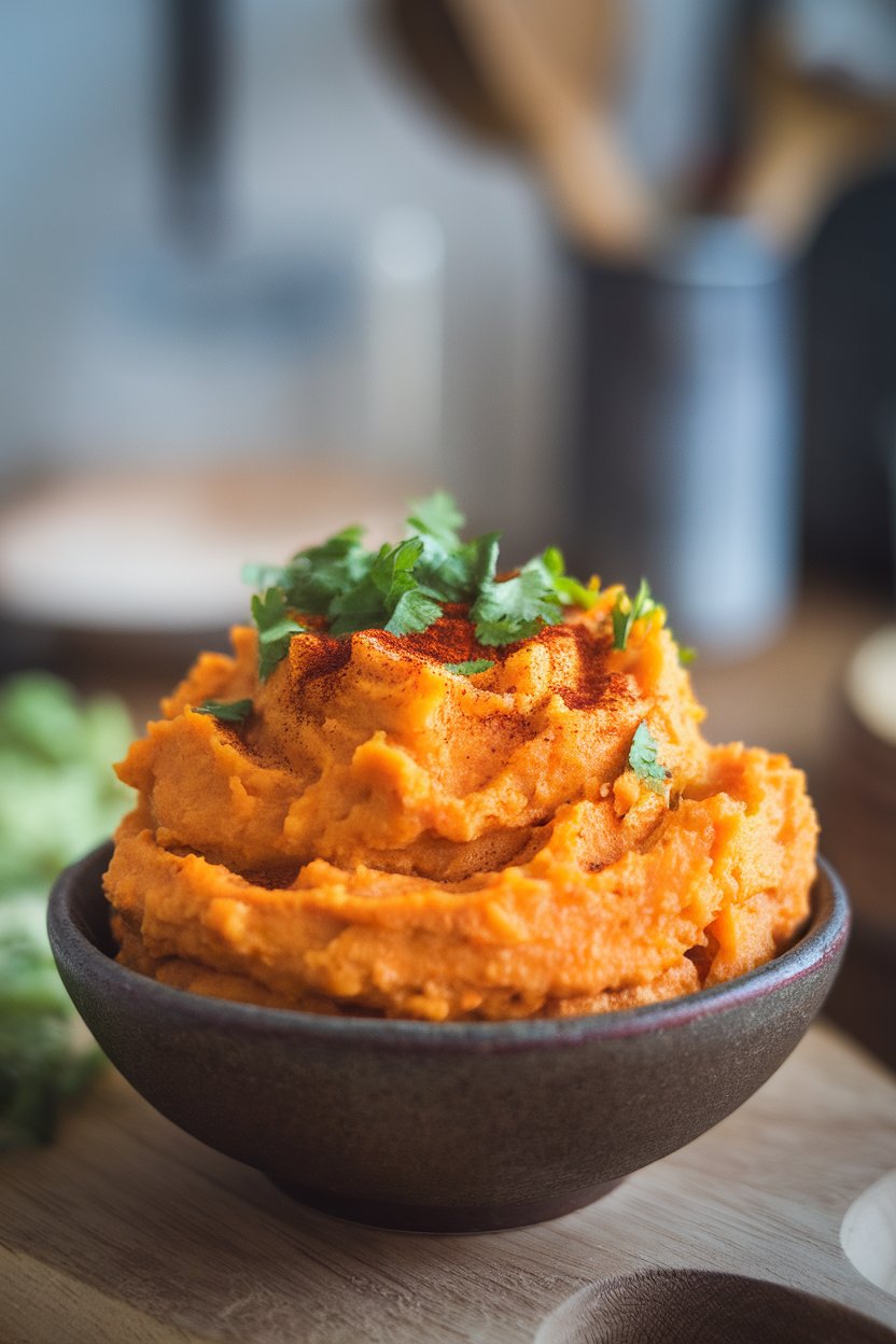 Indoor photo of mashed sweet potatoes in a bowl garnished with chopped cilantro and a sprinkle of chili powder. No text or logos; photo.