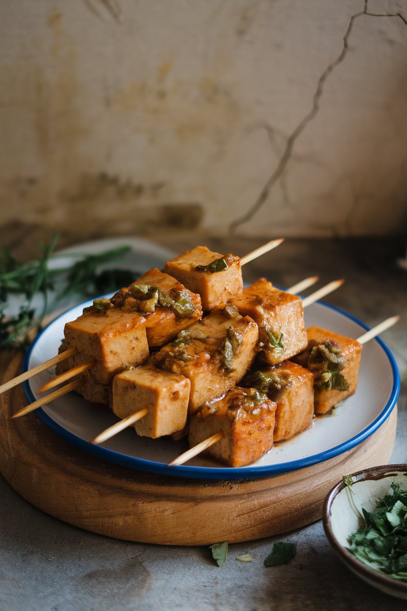 Indoor plate of cooked tempeh cubes on skewers glazed with ginger-garlic sauce—no text or logos.