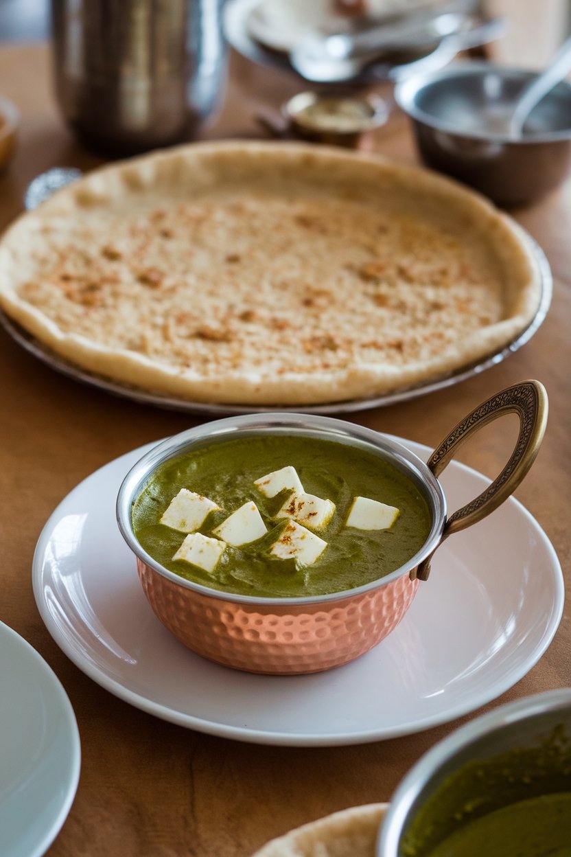 An indoor dining table featuring a hot bajra flatbread in the foreground and a small copper bowl of creamy palak paneer beside it, vibrant green sauce contrasting with white paneer cubes. No text or logos. Photo, not illustration.