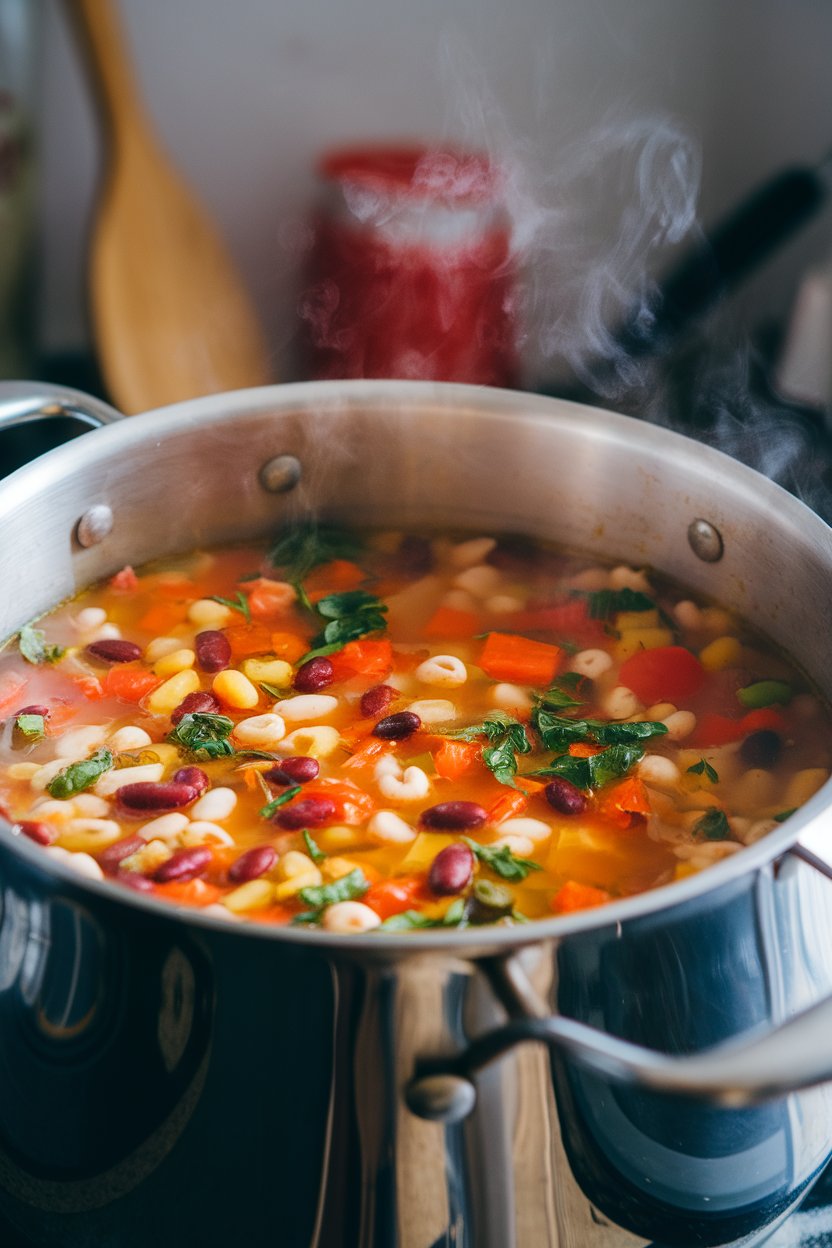 Indoor soup pot filled with colorful minestrone brimming with vegetables, beans, and small pasta shapes, steam rising. No text or logos visible.