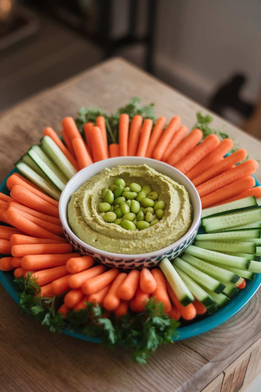 Photo of an indoor snack tray featuring a bowl of green edamame hummus surrounded by carrot and cucumber sticks, no text or logos
