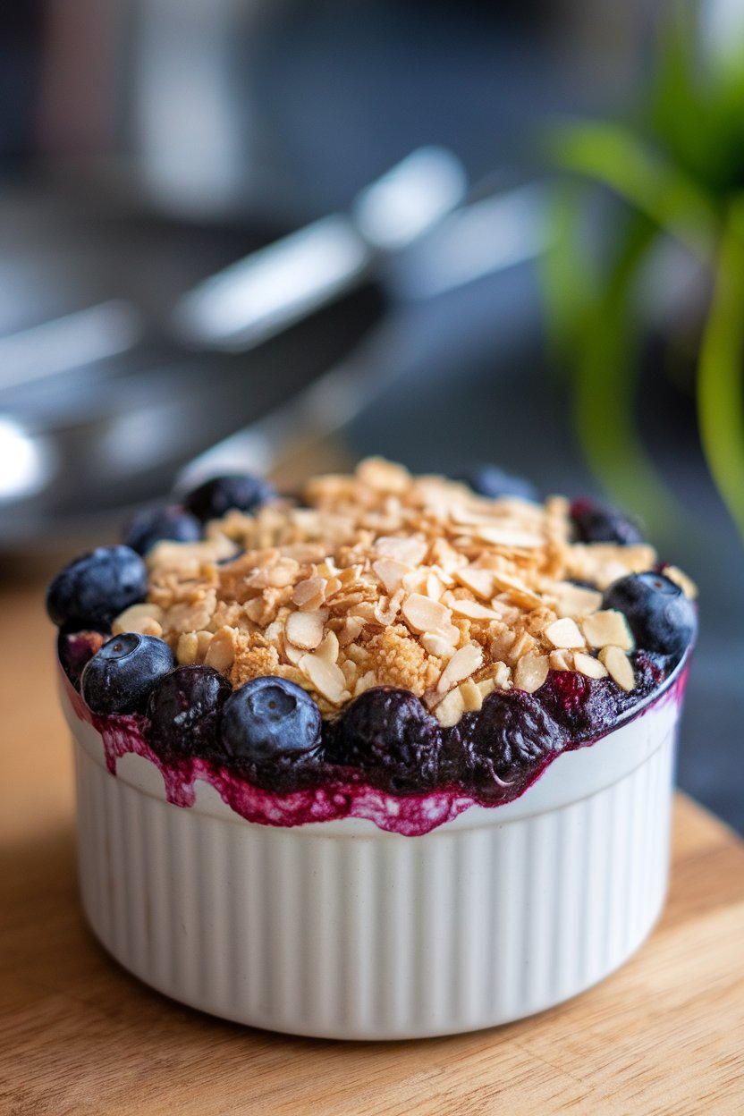 Indoor ramekin with bubbling blueberries beneath a crumbly almond topping. No text or logos.