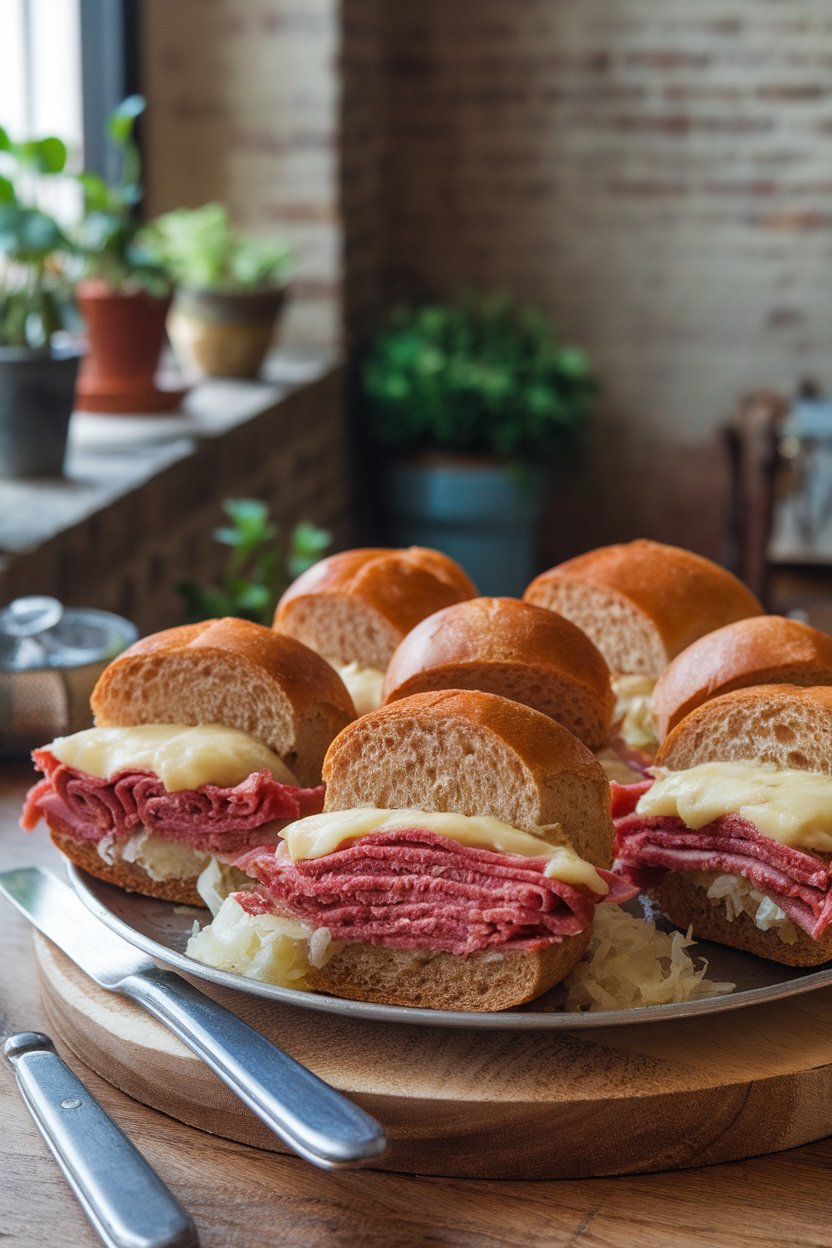Small rye rolls filled with corned beef, sauerkraut, and melted Swiss, served indoors on a platter. No text or logos. Photo.