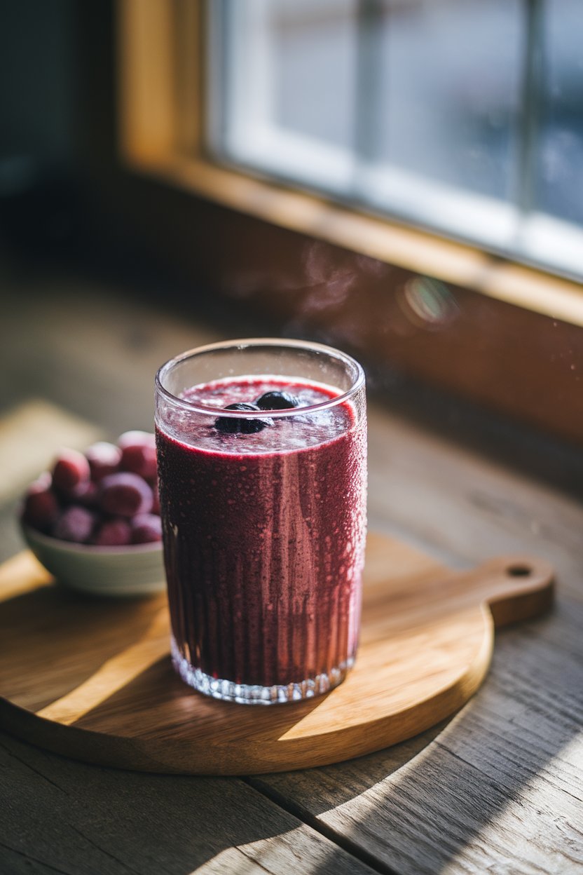Indoor image of a thick berry smoothie in a clear glass, condensation visible, set next to a small bowl of frozen berries. Morning light, no text or logos.
