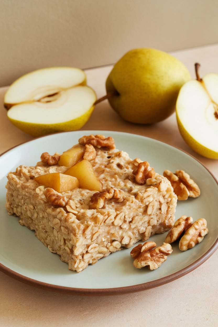 Photo of a square of baked oatmeal studded with pear chunks and walnuts, served indoors on a breakfast plate. No logos or text.