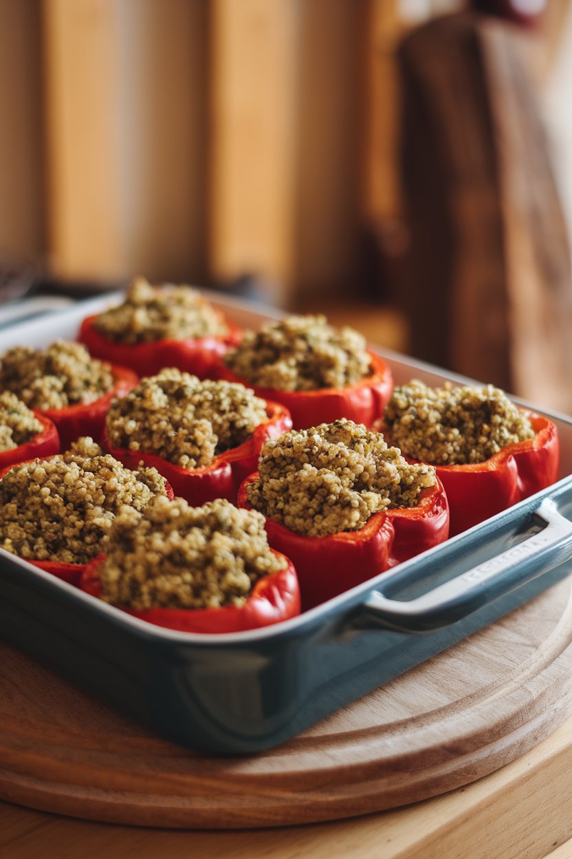 Indoor baking dish with halved red peppers filled with green pesto quinoa, lightly browned on top; warm kitchen lighting; photo, no text or logos.