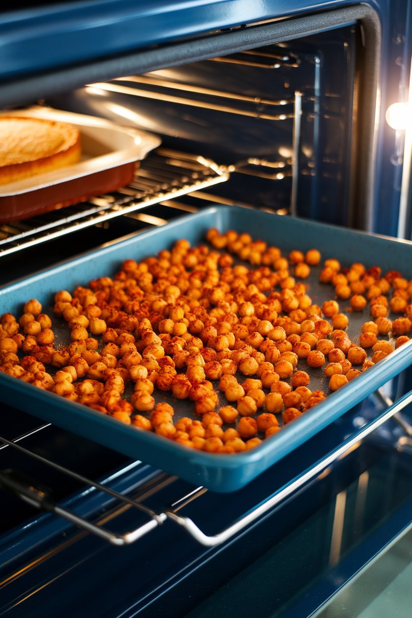 Photo of a baking tray of roasted chickpeas coated with paprika inside an oven, no text or logos.