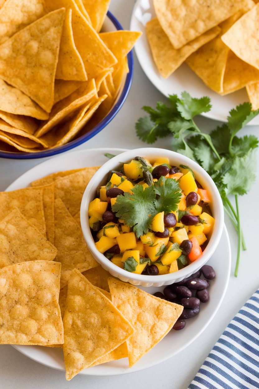 An indoor snack spread of corn tortilla chips next to a colorful bowl of mango, black bean, and cilantro salsa; photo only, no text or logos.
