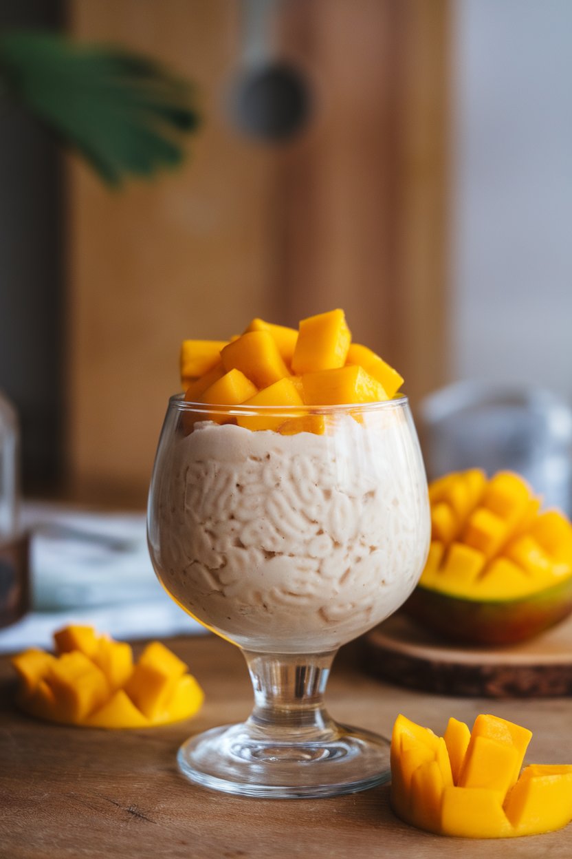 An indoor glass dessert cup filled with creamy coconut sago pudding topped with bright mango cubes. Photo only; no text or logos.