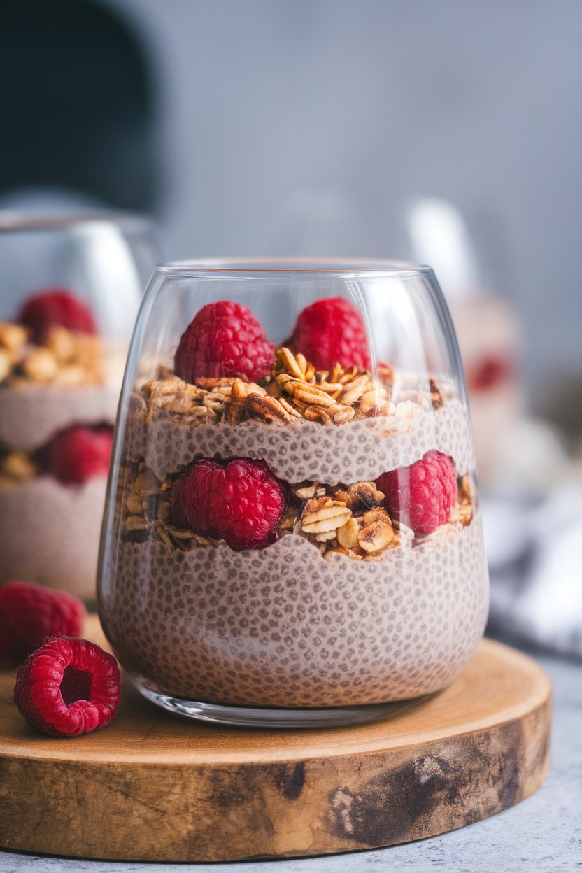 A clear indoor glass layered with chocolate chia pudding, fresh raspberries, and granola; photo only, no text or logos.