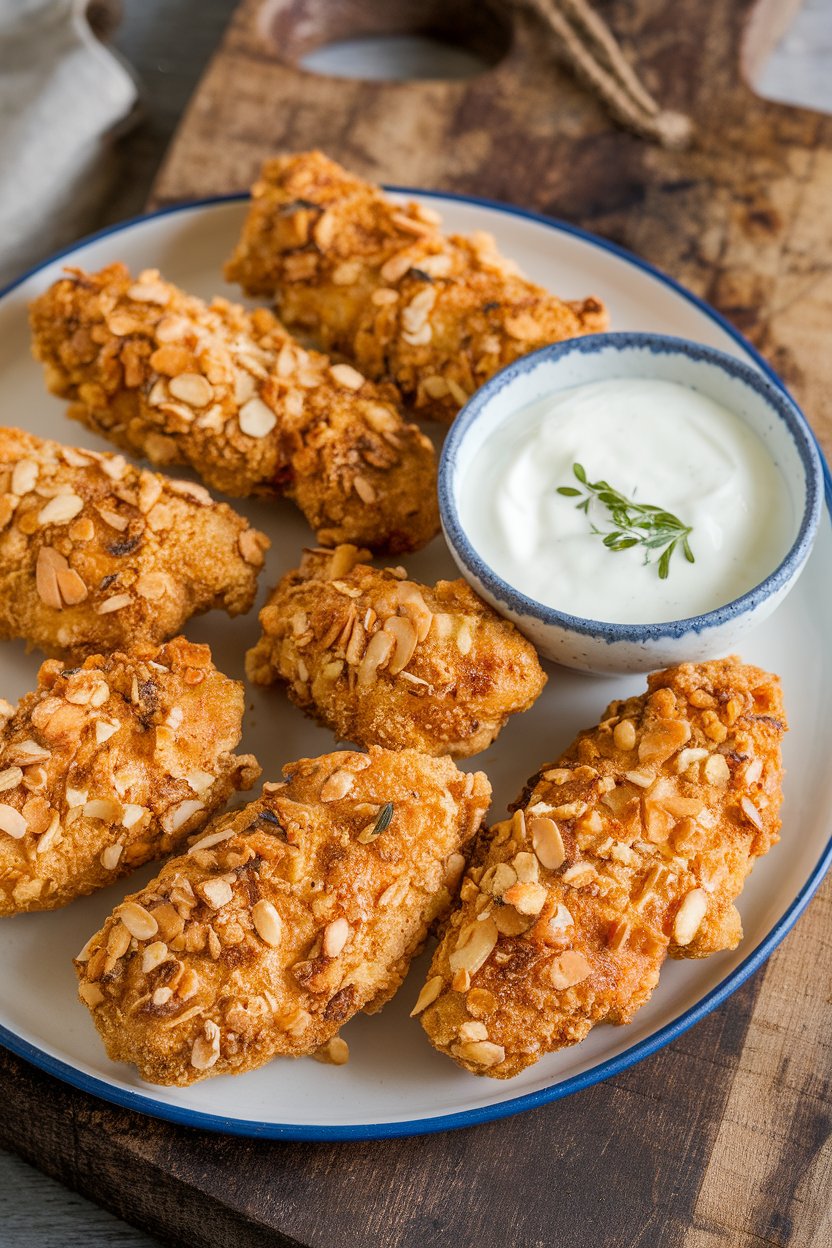 Indoor platter of baked chicken tenders coated in golden almond meal, with a side of yogurt dipping sauce—no text or logos.