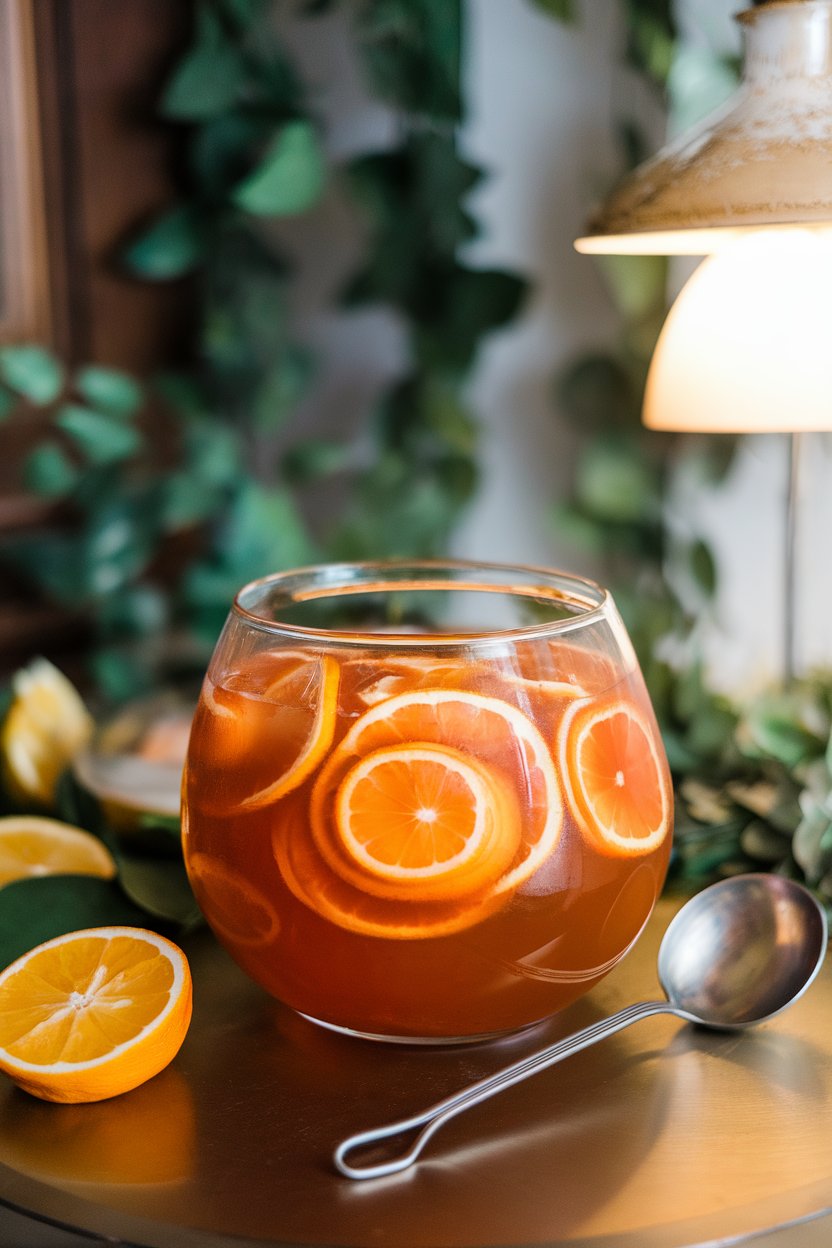 An indoor punch bowl filled with amber-orange Rum Punch, floating citrus wheels, and a ladle nearby. No text or logos.
