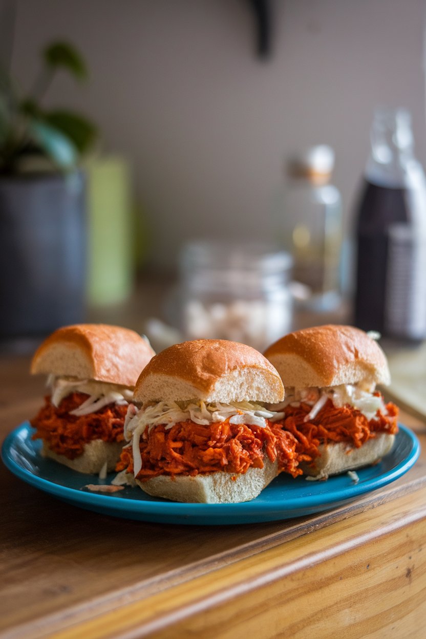 Indoor photo of three mini whole-grain slider buns filled with saucy shredded BBQ jackfruit, topped with a little coleslaw, on a small platter. No logos or text.
