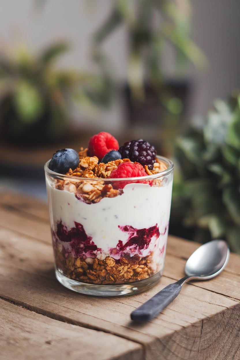 An indoor glass cup layered with thick Greek yogurt, mixed berries, and crunchy granola, shot from the side. No text or logos visible. Photo only.