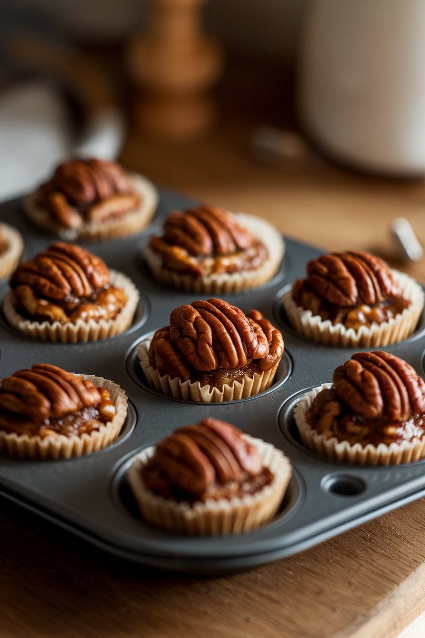 A close-up indoor shot of mini pecan tassies in a muffin tin, caramelized tops glistening, warm under soft kitchen light. No branding.