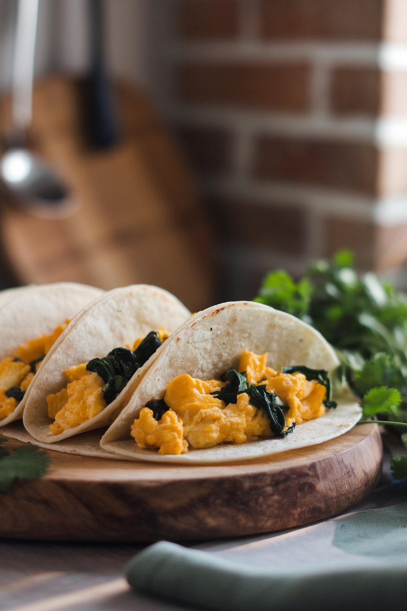 Photo indoors of breakfast tacos featuring scrambled eggs and wilted spinach in warm tortillas, shot under cozy morning light. No branding present.