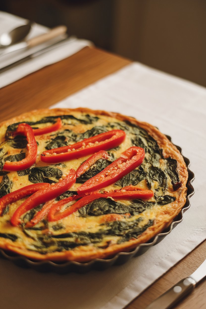 An indoor dining table featuring a vibrant vegetable frittata studded with peppers and spinach, sliced and ready to serve; no text or logos. Photo.