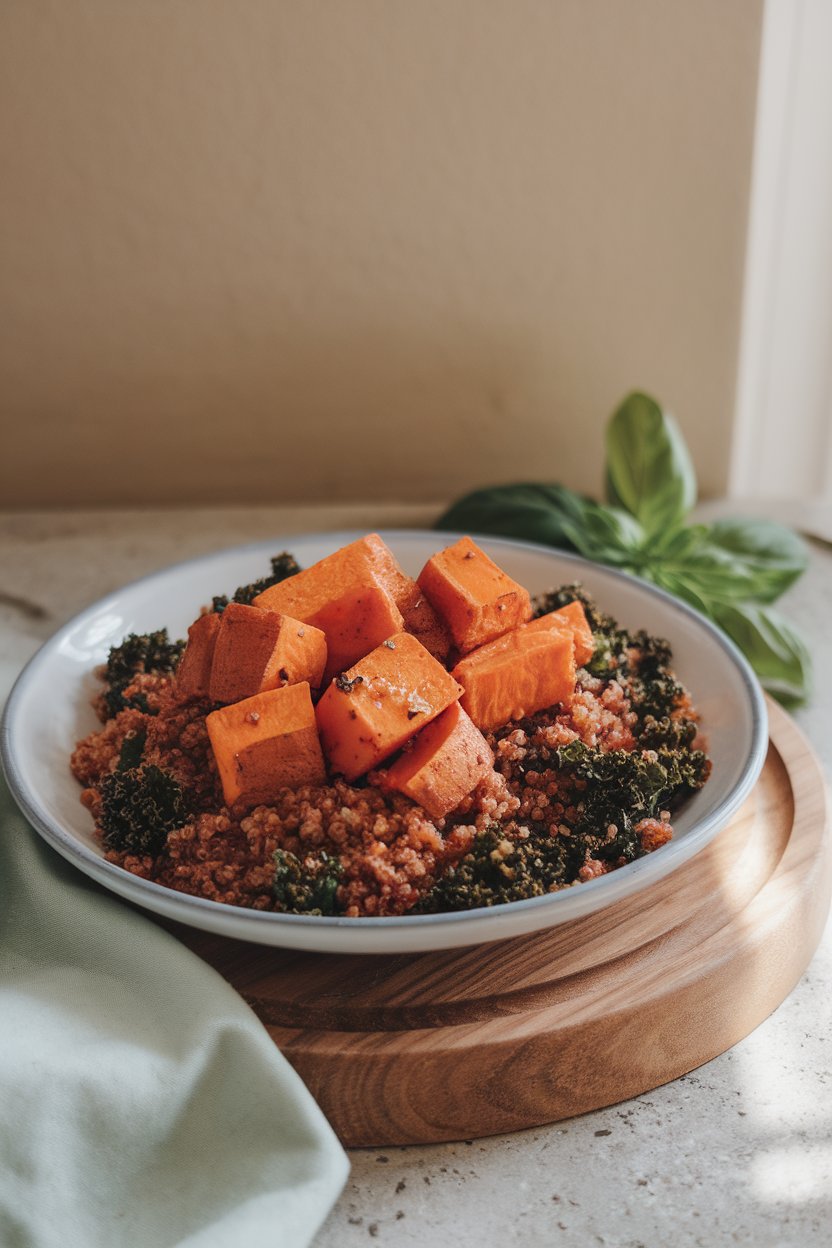 Photo of roasted sweet potato cubes atop red quinoa with baby kale, indoors under daylight, no text or logos.
