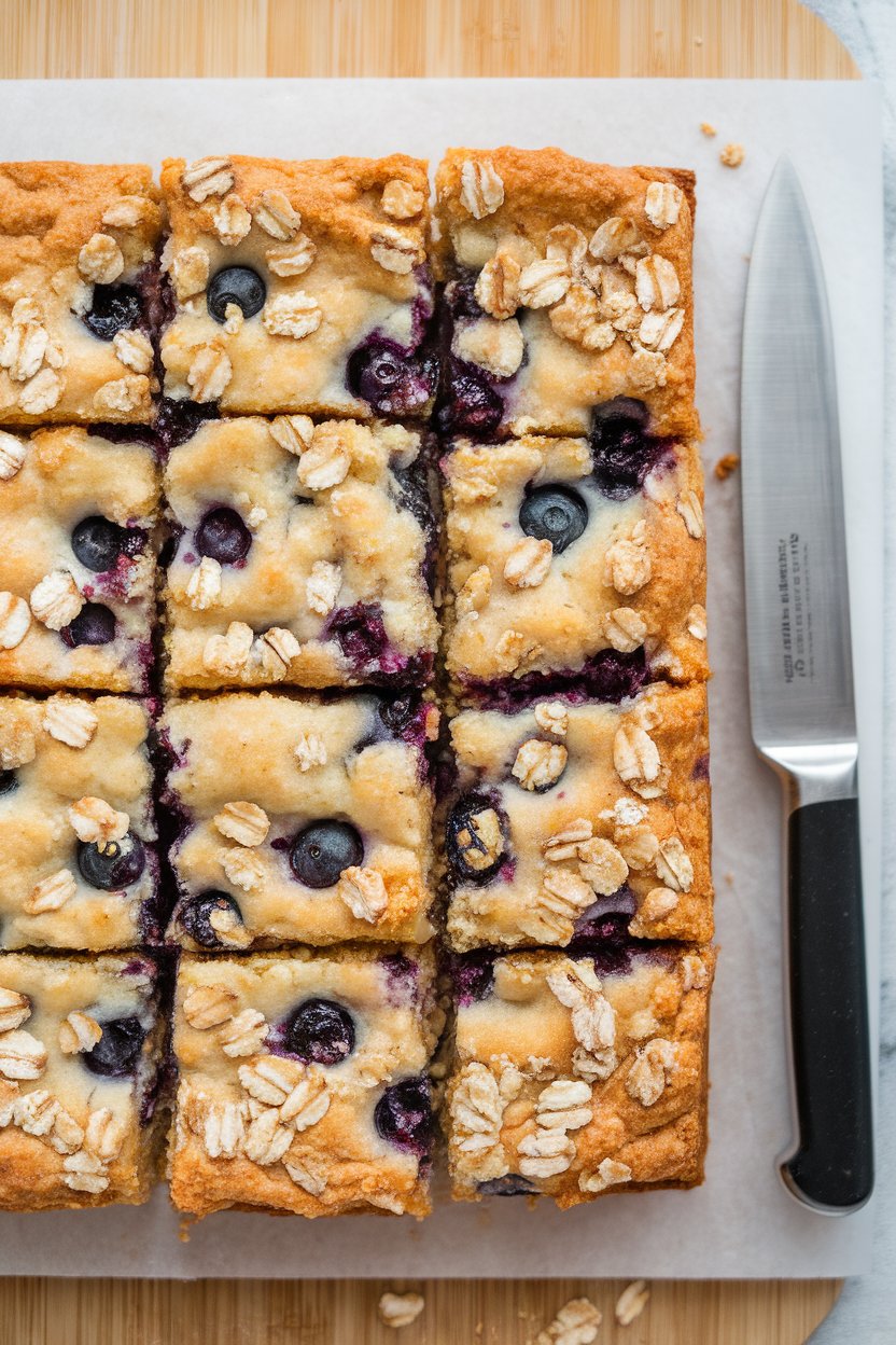 Indoor cutting board with rectangular lemon blueberry bars flecked with oats. No text or logos.