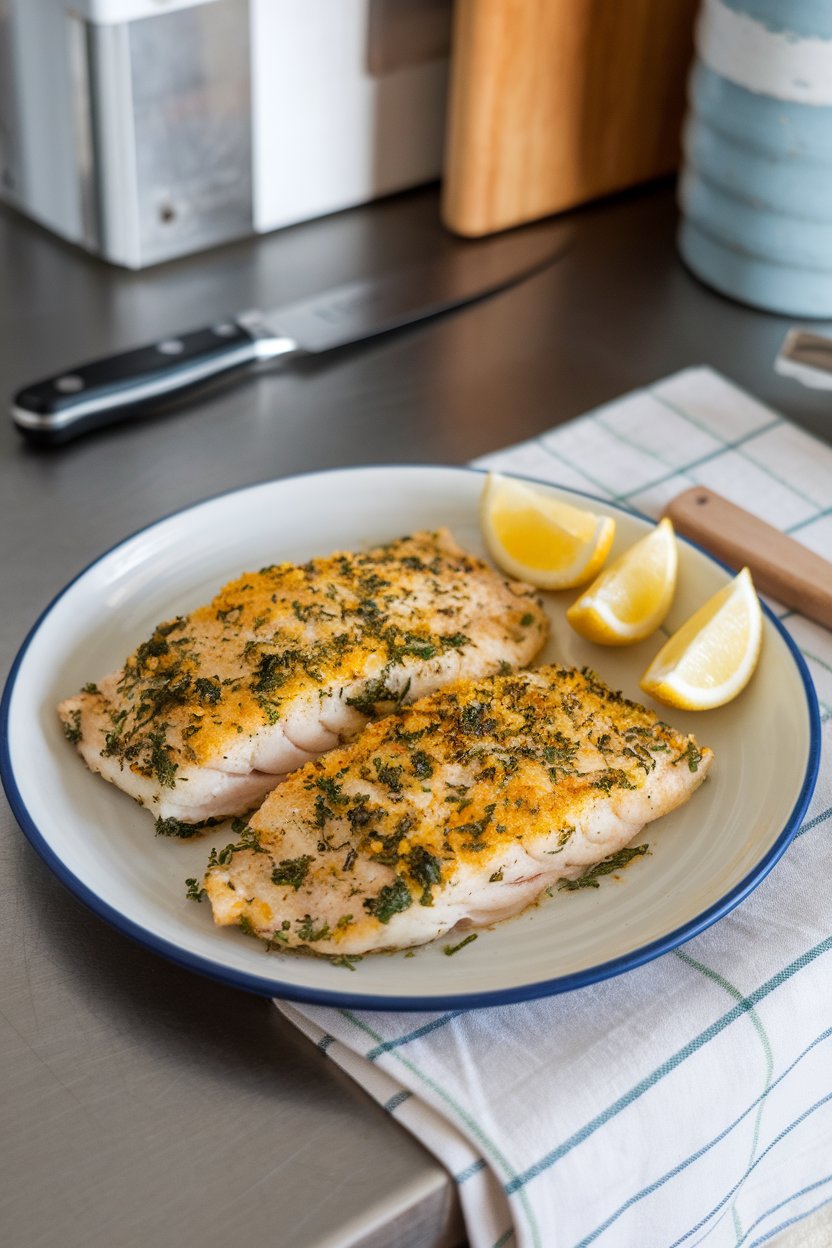 A plate on an indoor kitchen counter featuring broiled tilapia fillets with a golden herb crust and lemon wedges on the side. No logos on plate or linens.