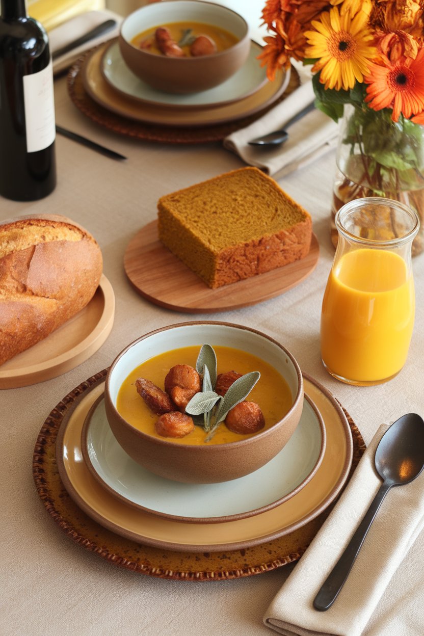 Indoor autumnal table with bowl of pumpkin and sausage soup, sage leaves garnish. No text or logos. Photo.
