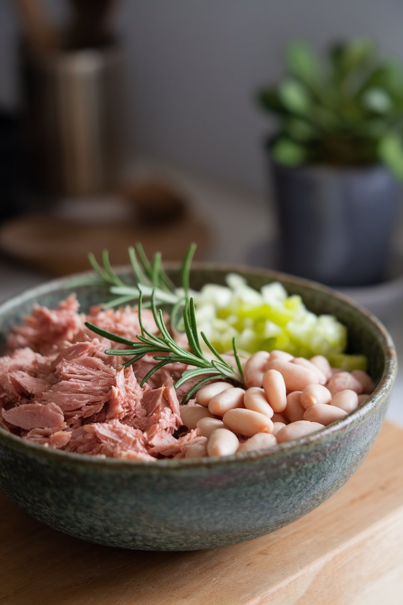 Indoor photo of a rustic bowl containing flaked canned tuna, cannellini beans, chopped celery, and fresh rosemary leaves, lightly dressed with olive oil. No visible brands or text.