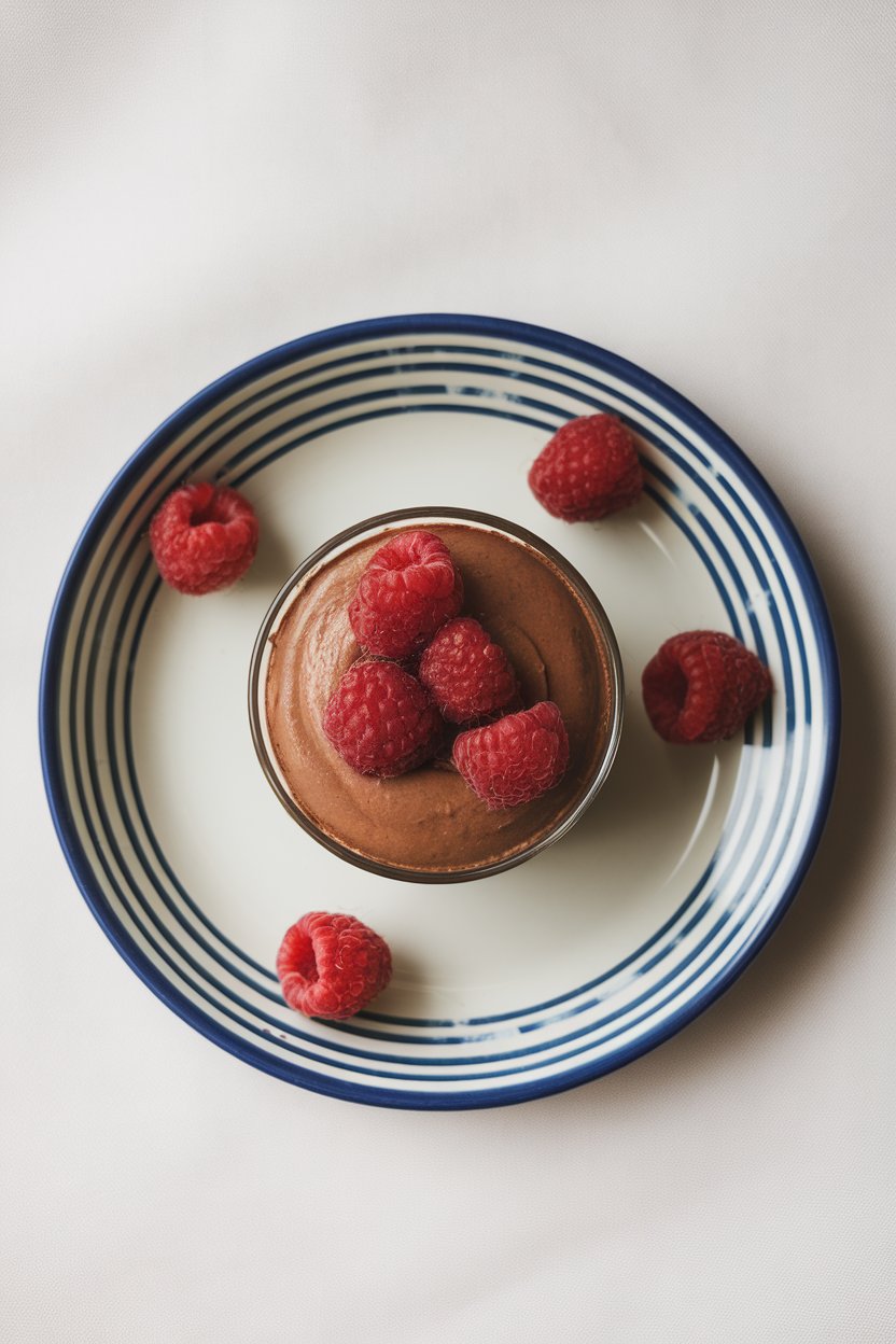 An indoor dessert plate with a glass ramekin of silky chocolate mousse topped with raspberries, photo, no logos.