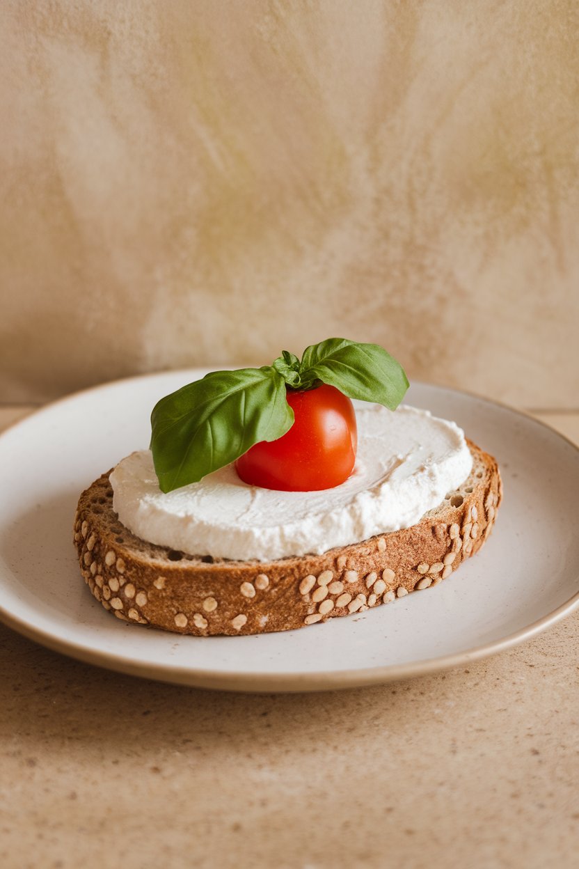 Indoor photo of whole-grain toast spread with ricotta, topped with cherry tomato halves and basil ribbons, side view, no text or logos