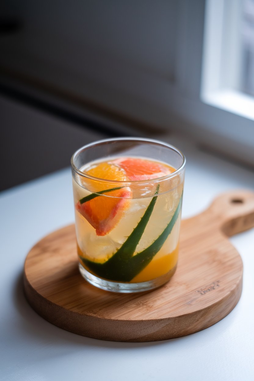 A photo of a clear glass indoors, showing translucent aloe vera juice mixed with orange and grapefruit segments; no text or logos, soft window light.
