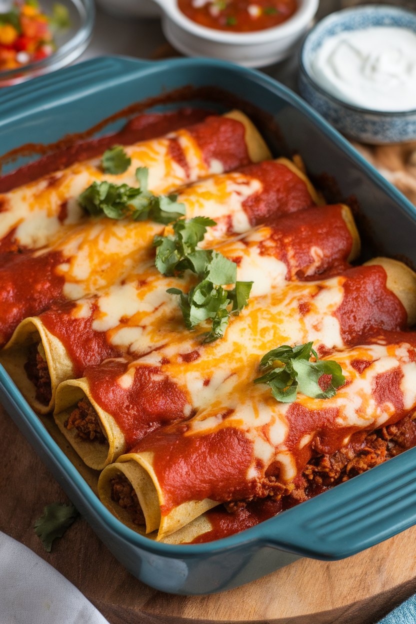 Photo of rolled enchiladas topped with red sauce and melted cheese in a baking dish indoors; no text or logos anywhere.