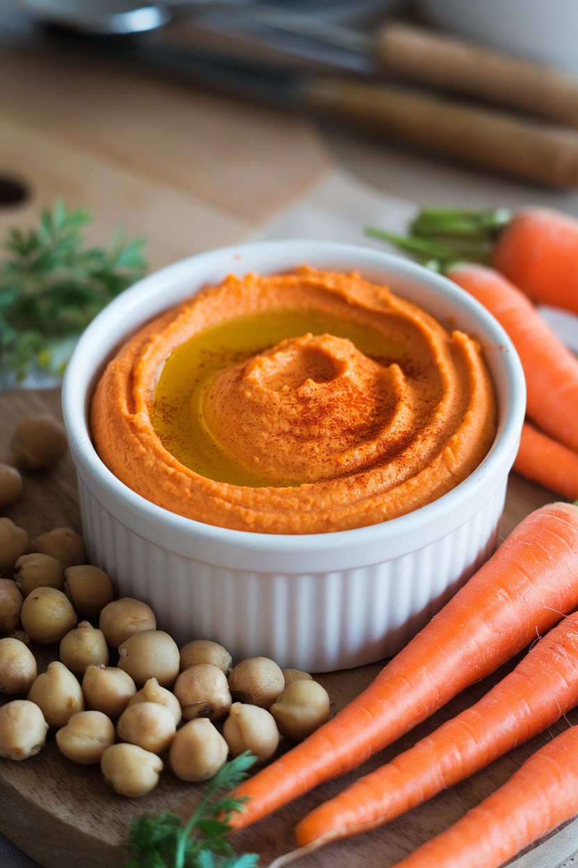 Indoor ramekin of orange carrot hummus topped with olive oil swirl and paprika—no text or logos.