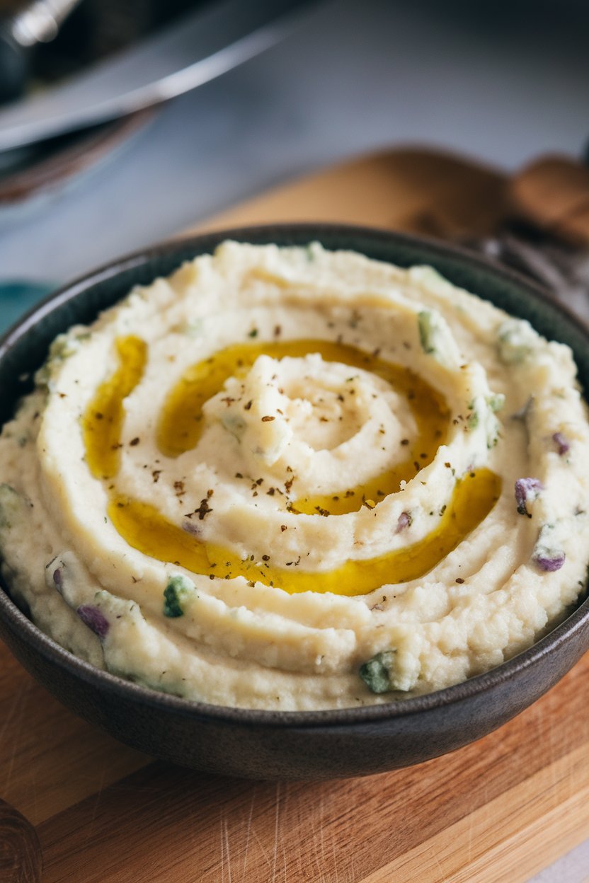Indoor photo of a serving bowl of creamy cauliflower-potato mash, swirl of olive oil on top, no text or logos