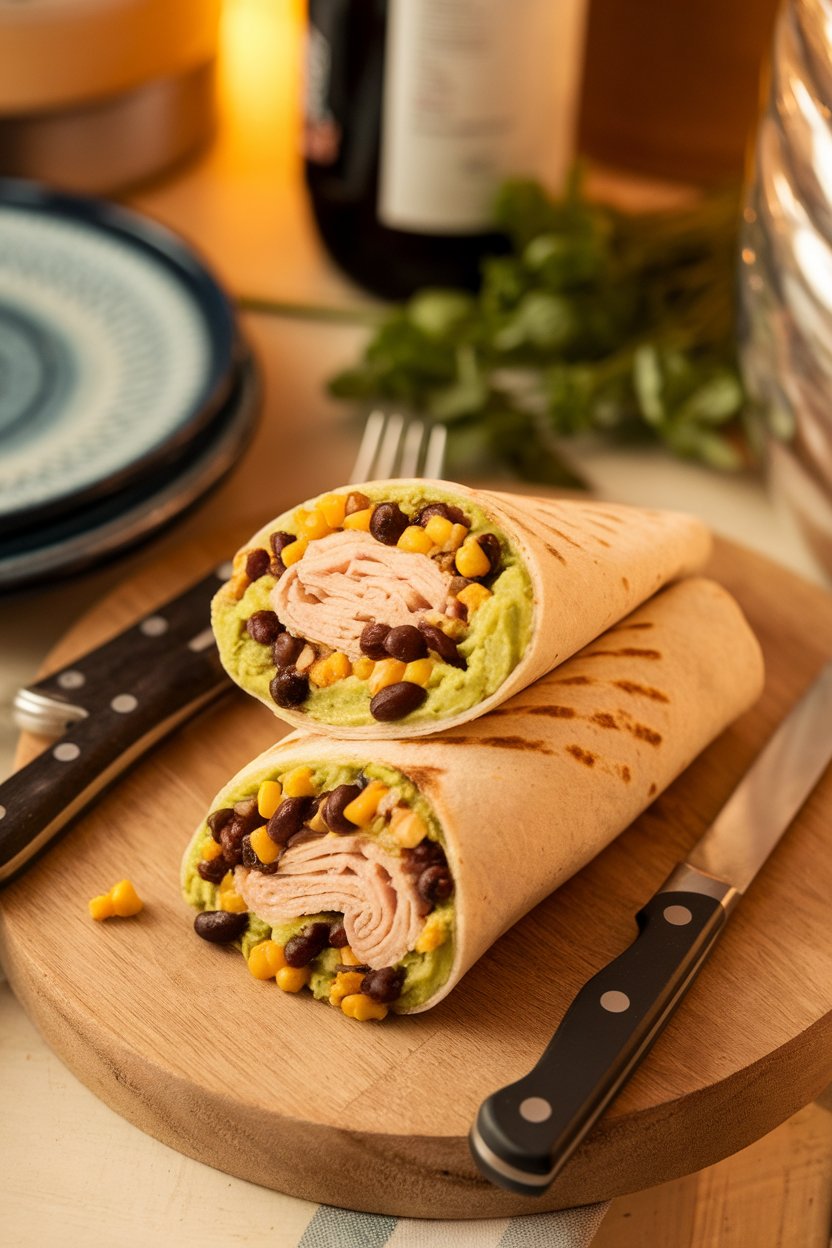 Indoor scene with a wrap filled with turkey, mashed avocado, black bean corn salsa, cut diagonally. Warm lighting, no logos.